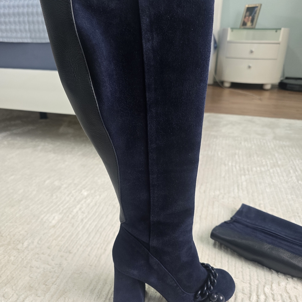 Tory Burch Navy Suede Knee-High Block Heel Boots with Black Back Panel